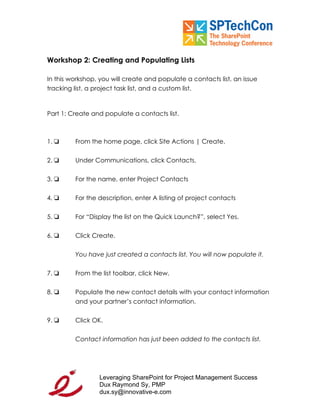 "Leveraging SP for PM Workbook" for SPTech Conference at SFO