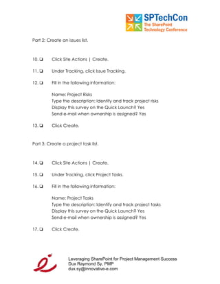 "Leveraging SP for PM Workbook" for SPTech Conference at SFO