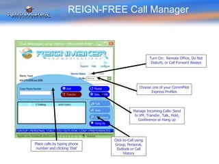 REIGN-FREE Call Manager Turn On:  Remote Office, Do Not Disturb, or Call Forward Always Choose one of your CommPilot Express Profiles Manage Incoming Calls- Send to VM, Transfer, Talk, Hold, Conference or Hang up Click-to-Call using Group, Personal, Outlook or Call History Place calls by typing phone number and clicking ‘Dial’ 