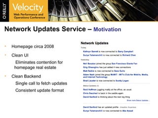 Network Updates Service –  Motivation Homepage circa 2008 Clean UI Eliminates contention for homepage real estate Clean Backend Single call to fetch updates Consistent update format 