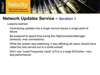 Network Updates Service –  Iteration 1 Lessons learned: Centralizing updates into a single service leaves a single point of failure Be prepared to spend time tuning the HttpConnectionManager (timeouts, max connections) While the system was stabilizing, it was affecting all users; should have rolled the new service out to a small subset! Don’t use “Least Frequently Used” (LFU) in a large EHCache—very bad performance! 