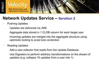 Network Updates Service –  Iteration 2 Pushing Updates Updates are delivered via JMS Aggregate data stored in 1 CLOB column for each target user Incoming updates are merged into the aggregate structure using optimistic locking to avoid lock contention Reading Updates Add a new collector that reads from the Update Database Use Digesters to perform arbitrary transformations on the stream of updates (e.g, collapse 10 updates from a user into 1) 