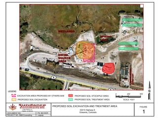 FIGURE 1 PROPOSED SOIL EXCAVATION AND TREATMENT AREA 11584 Wilson Cir. Parker, CO 80134 FN: BECKER DOCUMENT NO.  EXCAVATION AREA PROPOSED BY OTHERS 8/08 LANDSCAPING COMPANY 33415 Highway 6 Edwards, Colorado 1/06/09 PROJECT NO. B&B Excavating LEGEND WETLANDS SPRING LAKE PROPOSED SOIL EXCAVATION PROPOSED SOIL STOCKPILE AREA PROPOSED SOIL TREATMENT AREA DIESEL SOURCE AREA SCALE: FEET 0’ 200’ 400’ 
