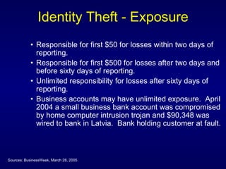 Identity Theft - Exposure Responsible for first $50 for losses within two days of reporting. Responsible for first $500 for losses after two days and before sixty days of reporting. Unlimited responsibility for losses after sixty days of reporting. Business accounts may have unlimited exposure.  April 2004 a small business bank account was compromised by home computer intrusion trojan and $90,348 was wired to bank in Latvia.  Bank holding customer at fault. Sources: BusinessWeek, March 28, 2005 