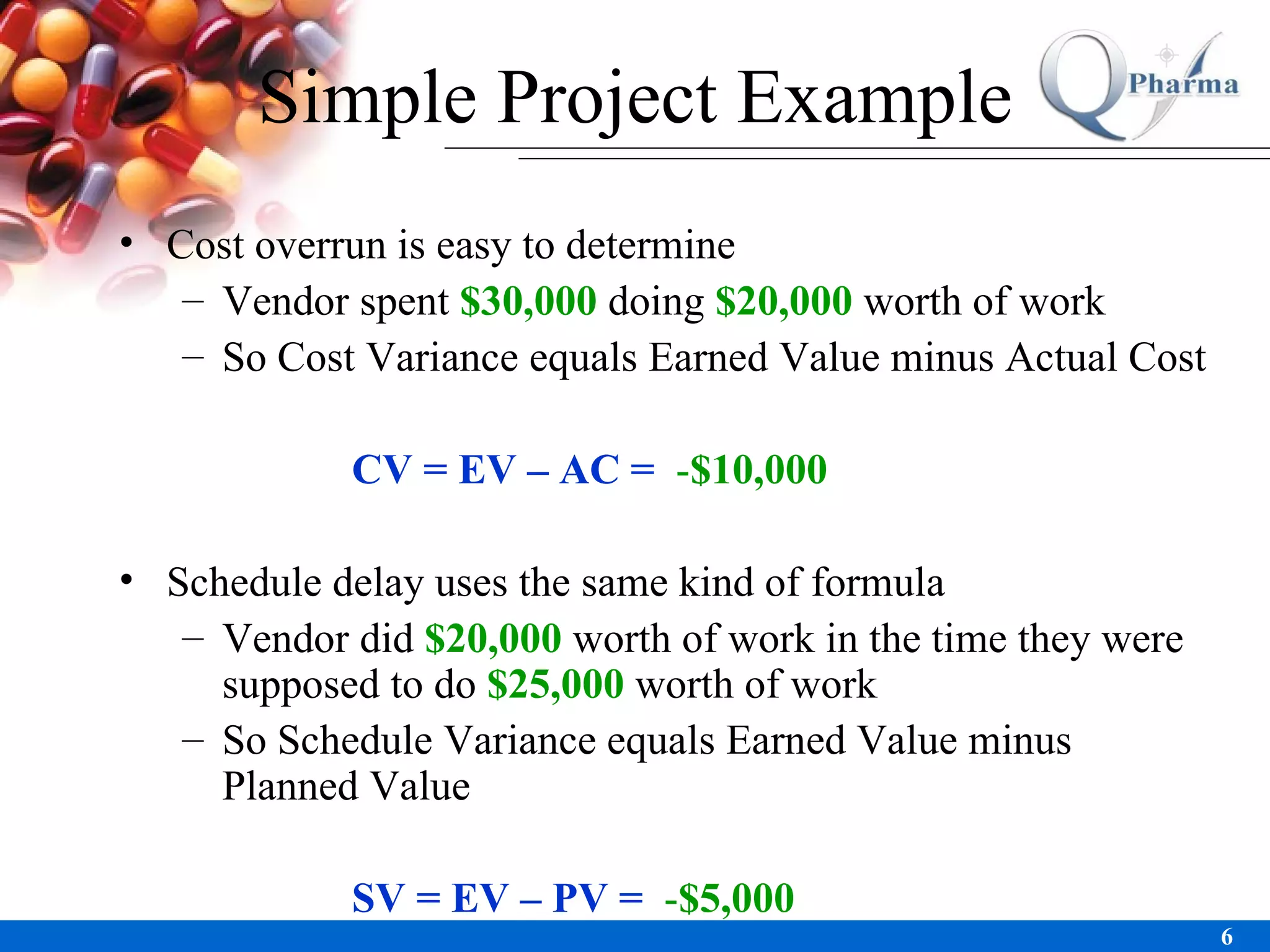 Cost overrun is easy to determine Vendor spent  $30,000  doing  $20,000  worth of work So Cost Variance equals Earned Value minus Actual Cost CV = EV – AC =   - $10,000 Schedule delay uses the same kind of formula Vendor did  $20,000  worth of work in the time they were supposed to do  $25,000  worth of work  So Schedule Variance equals Earned Value minus Planned Value SV = EV – PV =   - $5,000 Simple Project Example 