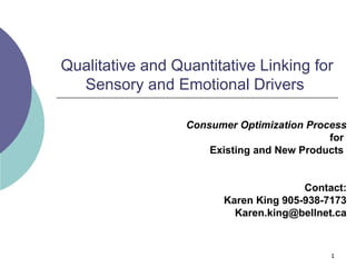 Qualitative and Quantitative Linking for Sensory and Emotional Drivers  Consumer Optimization Process for  Existing and New Products  Contact: Karen King 905-938-7173 [email_address] 