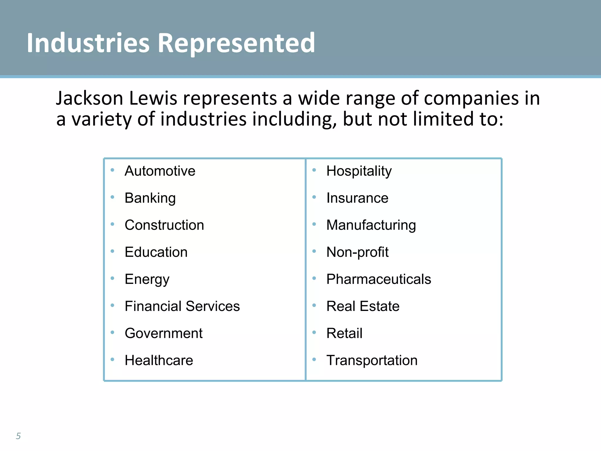 Industries Represented Jackson Lewis represents a wide range of companies in a variety of industries including, but not limited to: Automotive Banking Construction Education Energy Financial Services Government Healthcare Hospitality Insurance Manufacturing Non-profit Pharmaceuticals Real Estate Retail Transportation 
