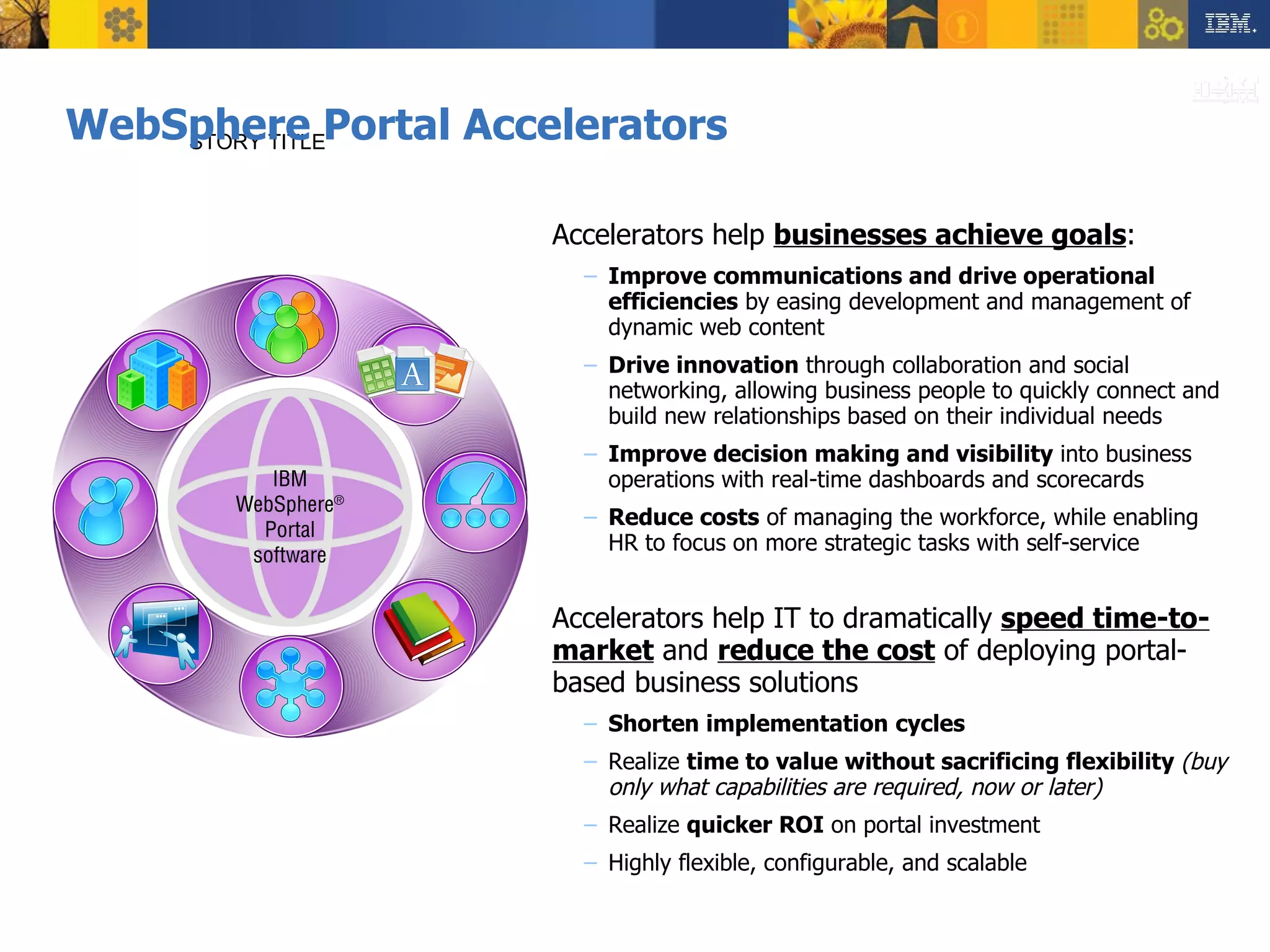 WebSphere Portal Accelerators STORY TITLE Accelerators help  businesses achieve goals : Improve communications and drive operational efficiencies  by easing development and management of dynamic web content Drive innovation  through collaboration and social networking, allowing business people to quickly connect and build new relationships based on their individual needs Improve decision making and visibility  into business operations with real-time dashboards and scorecards Reduce costs  of managing the workforce, while enabling HR to focus on more strategic tasks with self-service Accelerators help IT to dramatically  speed time-to-market  and  reduce the cost  of deploying portal-based business solutions Shorten implementation   cycles   Realize  time to value without sacrificing flexibility  (buy only what capabilities are required, now or later)  Realize  quicker ROI  on portal investment Highly flexible, configurable, and scalable 