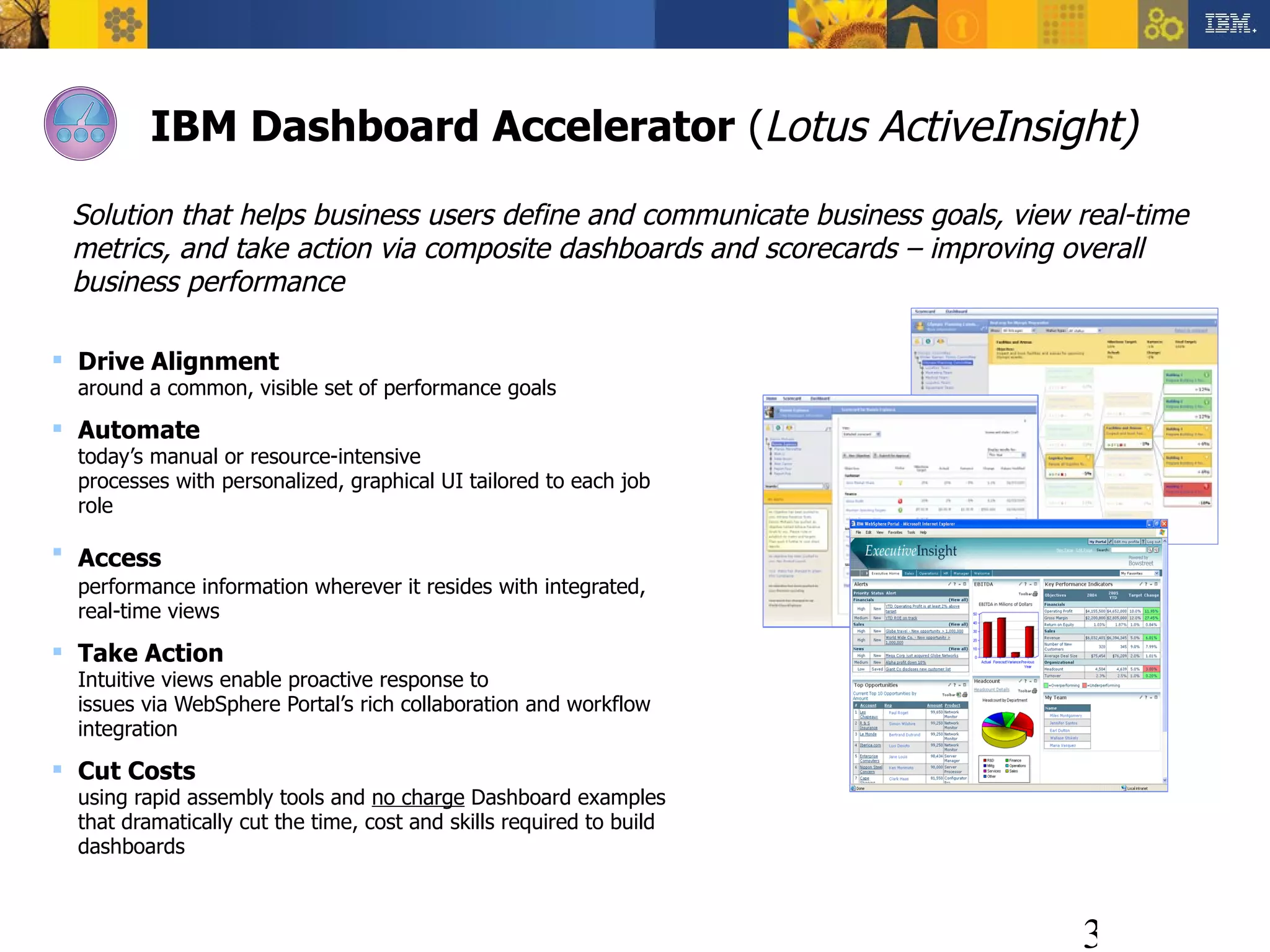 Drive Alignment  around a common, visible set of performance goals  Automate   today’s manual or resource-intensive  processes with personalized, graphical UI tailored to each job role  Access   performance information wherever it resides with integrated, real-time views  Take Action  Intuitive views enable proactive response to  issues via WebSphere Portal’s rich collaboration and workflow integration Cut Costs using rapid assembly tools and  no charge  Dashboard examples that dramatically cut the time, cost and skills required to build dashboards  IBM Dashboard Accelerator  ( Lotus ActiveInsight)  Solution that helps business users define and communicate business goals, view real-time metrics, and take action via composite dashboards and scorecards – improving overall business performance 