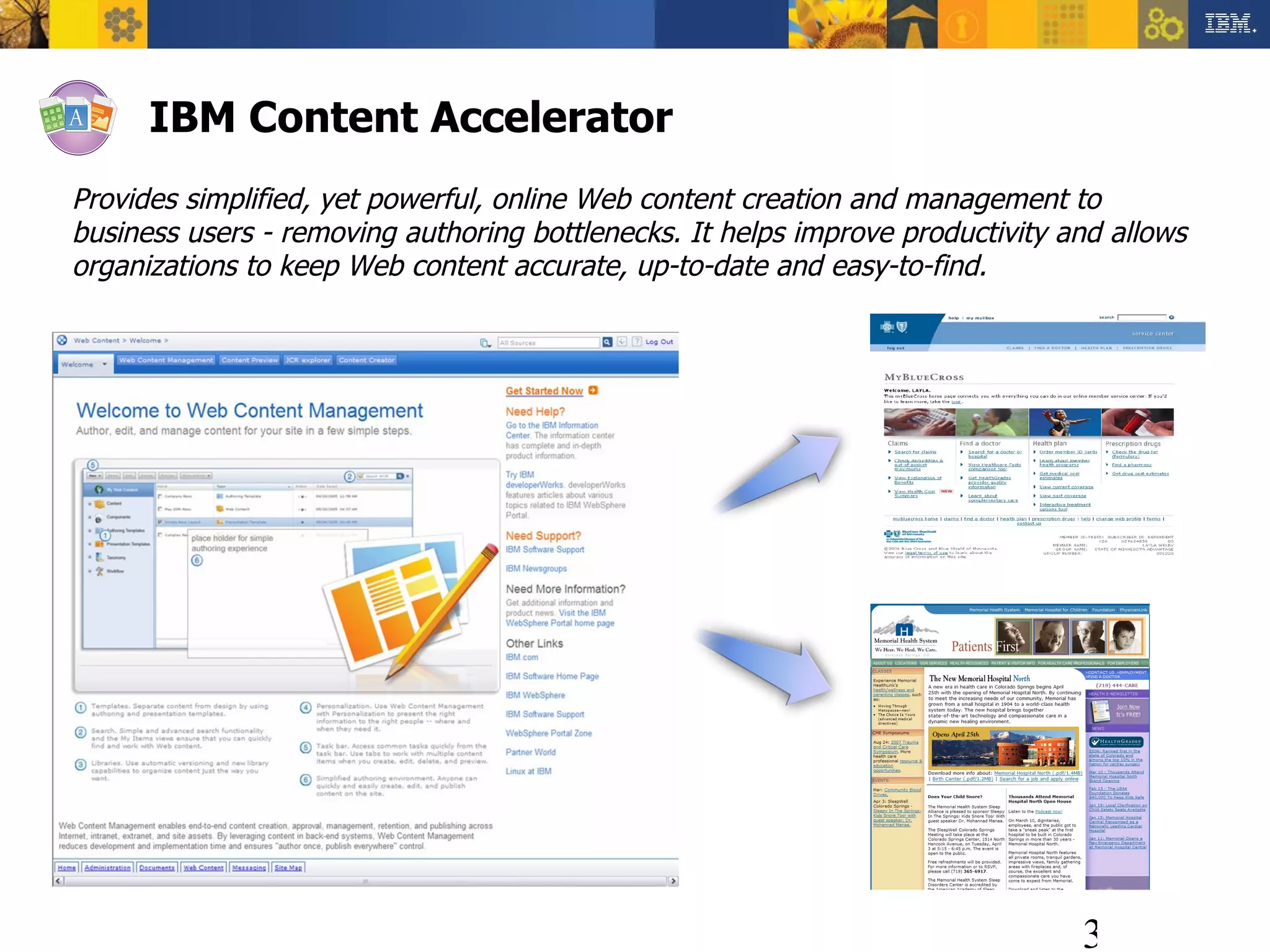 IBM Content Accelerator Provides simplified, yet powerful, online Web content creation and management to business users - removing authoring bottlenecks. It helps improve productivity and allows organizations to keep Web content accurate, up-to-date and easy-to-find. 