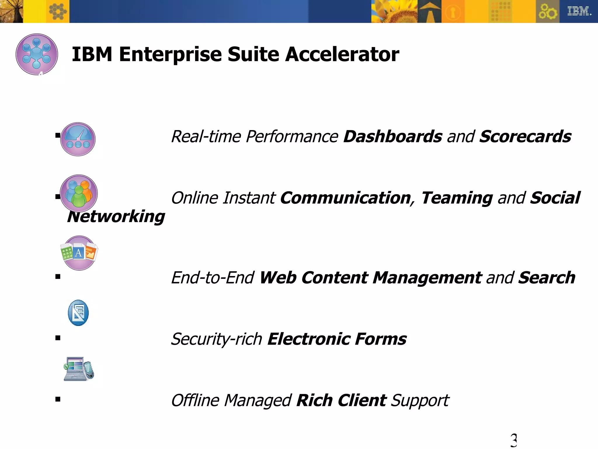 Real-time Performance  Dashboards  and  Scorecards Online Instant  Communication ,  Teaming  and  Social Networking End-to-End  Web Content Management  and  Search Security-rich  Electronic Forms Offline Managed  Rich Client  Support IBM Enterprise Suite Accelerator A platform supporting multiple portal projects to meet the growing and evolving needs of the organization, including: 