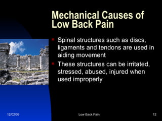 Mechanical Causes of Low Back Pain  Spinal structures such as discs, ligaments and tendons are used in aiding movement These structures can be irritated, stressed, abused, injured when used improperly 