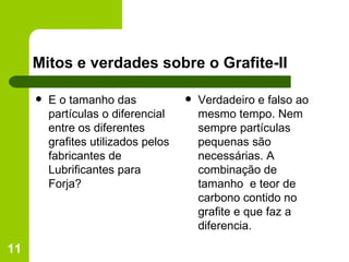 Mitos e verdades sobre o Grafite-II E o tamanho das partículas o diferencial entre os diferentes grafites utilizados pelos fabricantes de Lubrificantes para Forja? Verdadeiro e falso ao mesmo tempo. Nem sempre partículas pequenas são necessárias. A combinação de tamanho  e teor de carbono contido no grafite e que faz a diferencia.  