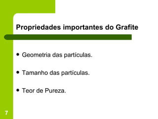 Propriedades importantes do Grafite Geometria das partículas. Tamanho das partículas. Teor de Pureza. 