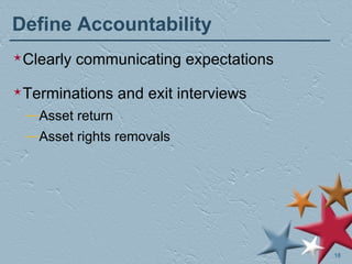 Define Accountability Clearly communicating expectations Terminations and exit interviews Asset return Asset rights removals 