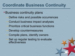 Coordinate Business Continuity Business continuity plans Define risks and possible occurrences Conduct business impact analyses Prioritize critical business functions Develop countermeasures Compile plans, identify owners Set up regular testing to evaluate effectiveness 