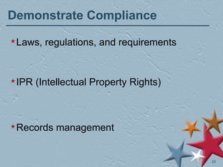 Demonstrate Compliance Laws, regulations, and requirements IPR (Intellectual Property Rights) Records management 