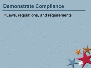 Demonstrate Compliance Laws, regulations, and requirements 