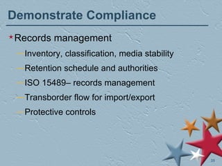 Demonstrate Compliance Records management Inventory, classification, media stability Retention schedule and authorities ISO 15489– records management Transborder flow for import/export Protective controls 