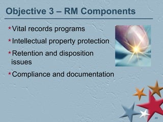 Objective 3 – RM Components Vital records programs Intellectual property protection Retention and disposition issues Compliance and documentation 