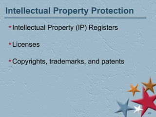 Intellectual Property Protection Intellectual Property (IP) Registers Licenses Copyrights, trademarks, and patents 
