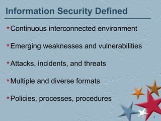 Information Security Defined Continuous interconnected environment Emerging weaknesses and vulnerabilities Attacks, incidents, and threats Multiple and diverse formats Policies, processes, procedures 