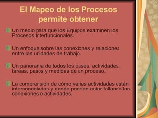 El Mapeo de los Procesos permite obtener Un medio para que los Equipos examinen los Procesos Interfuncionales. Un enfoque sobre las conexiones y relaciones entre las unidades de trabajo. Un panorama de todos los pases, actividades, tareas, pasos y medidas de un proceso. La comprensión de cómo varias actividades están interconectadas y donde podrían estar fallando las conexiones o actividades. 