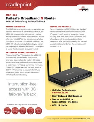 MBR1000
Failsafe Broadband N Router
With 3G Redundancy Failover/Failback
T E C H N O L O G YT E C H N O L O G Y
Interruption-free
access with 3G
failover/failback
ALWAYS CONNECTED
The MBR1000 acts like two routers in one, wired and
wireless. With its built-in failover/failback feature, the
MBR1000 provides automatic redundant backup
through an enabled wireless broadband data modem
when your wired ISP service is interrupted, whether
planned or unplanned. Once service is restored, the
MBR1000 will automatically failback to your primary
ISP keeping your business online without interruption
to users. Your business is always connected.
ENTERPRISE POWER, SMB SIMPLE
Powered by WiPipe™ technology, the MBR1000
includes many features found in expensive,
enterprise-class routers at a fraction of the cost
with minimal setup and maintenance. No software
to load means you’ll be up and running in minutes.
CradlePoint’s MBR1000 uses the latest available
802.11 “n” networking to provide better WLAN
speed and greater distance than other routers
with 3G (cellular) redundancy.
SECURE AND RELIABLE
The high-performance MBR1000 comes standard
with top security features like multiple concurrent
VPN pass-through sessions, encryption modes
including WEP, WPA/WPA2/WPA2 Enterprise, and
a firewall preventing unauthorized use of your
connection. Now, you can confidently and securely
access the Internet and share the connection with
the entire office.the entire office.
Latest compatibility information available at www.cradlepoint.com
• Cellular Redundancy,
Failover to 3G
• Easy Setup & Maintenance
• Works with USB or
ExpressCard™
modems
• 802.11 b/g/nConnects with any Wi-Fi–enabled device:
 