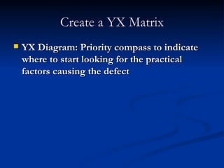 Create a YX Matrix YX Diagram: Priority compass to indicate where to start looking for the practical factors causing the defect 