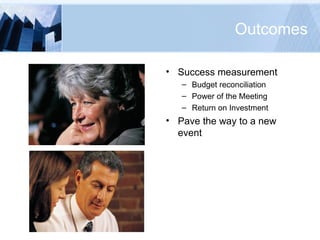 Outcomes Success measurement Budget reconciliation Power of the Meeting Return on Investment Pave the way to a new event 