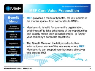 MEF Core Value Proposition Benefit Menu Business Development Metrics & Reports Regulation Thought  Leadership  & Insight Event Discounts MEF  provides a menu of benefits, for key leaders in the mobile space - from corporates to SMOs  Membership is valid for your entire organisation, enabling staff to take advantage of the opportunities that exactly match their personal criteria, to further your company’s corporate objectives The Benefit Menu on the left provides further information on some of the key areas where  MEF  Membership can support your business objectives and provide ROI 