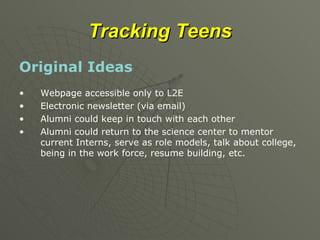 Tracking   Teens Original Ideas Webpage accessible only to L2E Electronic newsletter (via email) Alumni could keep in touch with each other Alumni could return to the science center to mentor current Interns, serve as role models, talk about college, being in the work force, resume building, etc. 