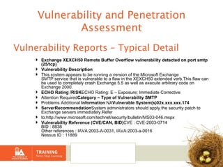 Vulnerability and Penetration Assessment Vulnerability Reports – Typical Detail Exchange XEXCH50 Remote Buffer Overflow vulnerability detected on port smtp (25/tcp) Vulnerability Description This system appears to be running a version of the Microsoft Exchange SMTP service that is vulnerable to a flaw in the XEXCH50 extended verb.This flaw can be used to completely crash Exchange 5.5 as well as execute arbitrary code on Exchange 2000. ECHO Rating /RISK ECHO Rating: E – Exposure; Immediate Corrective  Attention Required Category – Type of Vulnerability SMTP   Problems Additional  Information  NA Vulnerable System(s)02x.xxx.xxx.174  ServerRecommendation System administrators should apply the security patch to Exchange servers immediately.Refer  to:http://www.microsoft.com/technet/security/bulletin/MS03-046.mspx Vulnerability Reference (CVE/CAN, BID) CVE : CVE-2003-0714 BID : 8838 Other references : IAVA:2003-A-0031, IAVA:2003-a-0016 Nessus ID : 11889 
