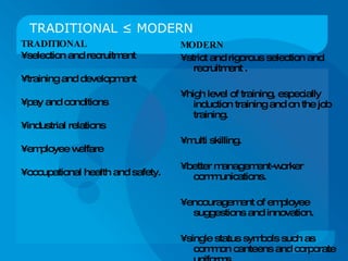 TRADITIONAL  ≤  MODERN TRADITIONAL •  selection and recruitment  •  training and development  •  pay and conditions  •  industrial relations  •  employee welfare  •  occupational health and safety.  MODERN •  strict and rigorous selection and recruitment . •  high level of training, especially induction training and on the job training. •  multi skilling. •  better management-worker communications. •  encouragement of employee suggestions and innovation. •  single status symbols such as common canteens and corporate uniforms. 