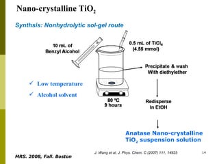 Nano - crystalline TiO 2 J. Wang et al, J. Phys. Chem. C (2007) 111, 14925 Synthsis:  Nonhydrolytic sol-gel route  Low temperature Alcohol solvent Anatase Nano-crystalline TiO 2  suspension solution MRS. 2008, Fall. Boston   