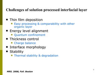 Challenges of solution processed interfacial layer Thin film deposition Easy processing & comparability with other organic layer Energy level alignment  Quantum confinement Thickness control Charge balance Interface morphology  Stability Thermal stability & degradation MRS. 2008, Fall. Boston   