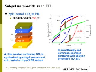 Spin-coated TiO x  as EIL   ITO/PEDOT/LEP/ TiO x /Al Sol-gel metal-oxide as an EIL ITO PEDOT LEP Al  TiO x + - Current Density and Luminance increase compared with solution processed TiO x  EIL   A clear solution containing TiO X  is synthesized by sol-gel process and spin coated on top of LEP surface   J. Li and Yang Yang et al.  SPIE Optics & Photonics, San Diego 2008 MRS. 2008, Fall. Boston   