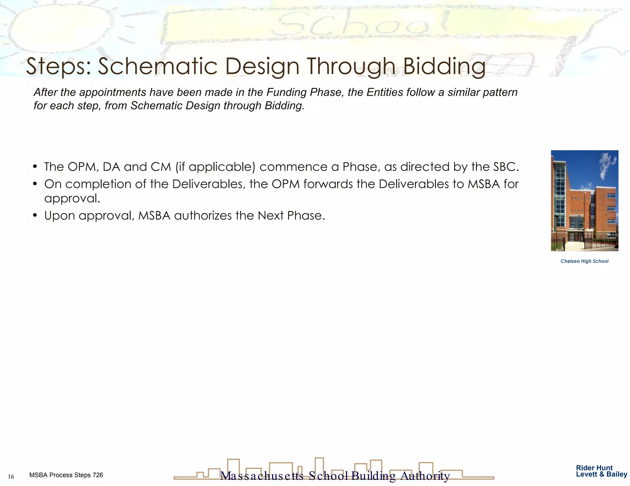 Steps: Schematic Design Through Bidding The OPM, DA and CM (if applicable) commence a Phase, as directed by the SBC. On completion of the Deliverables, the OPM forwards the Deliverables to MSBA for approval. Upon approval, MSBA authorizes the Next Phase. After the appointments have been made in the Funding Phase, the Entities follow a similar pattern for each step, from Schematic Design through Bidding.  Chelsea High School 