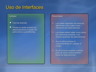 Uso de Interfaces Ventajas: Fácil de entender. Provee un grado primario de desacoplamiento a través del polimorfismo (Late Binding). Desventajas: Las clases dependen de todos los elementos a los cuales hacen referencia sus dependencias.  Las clases deben saber como armar las instancias primarias y sus árboles (graphos) de dependencias. Aun es difícil cambiar el comportamiento sin cambiar el código. Es difícil hacer pruebas unitarias pues se deben probar también todas las dependencias. 