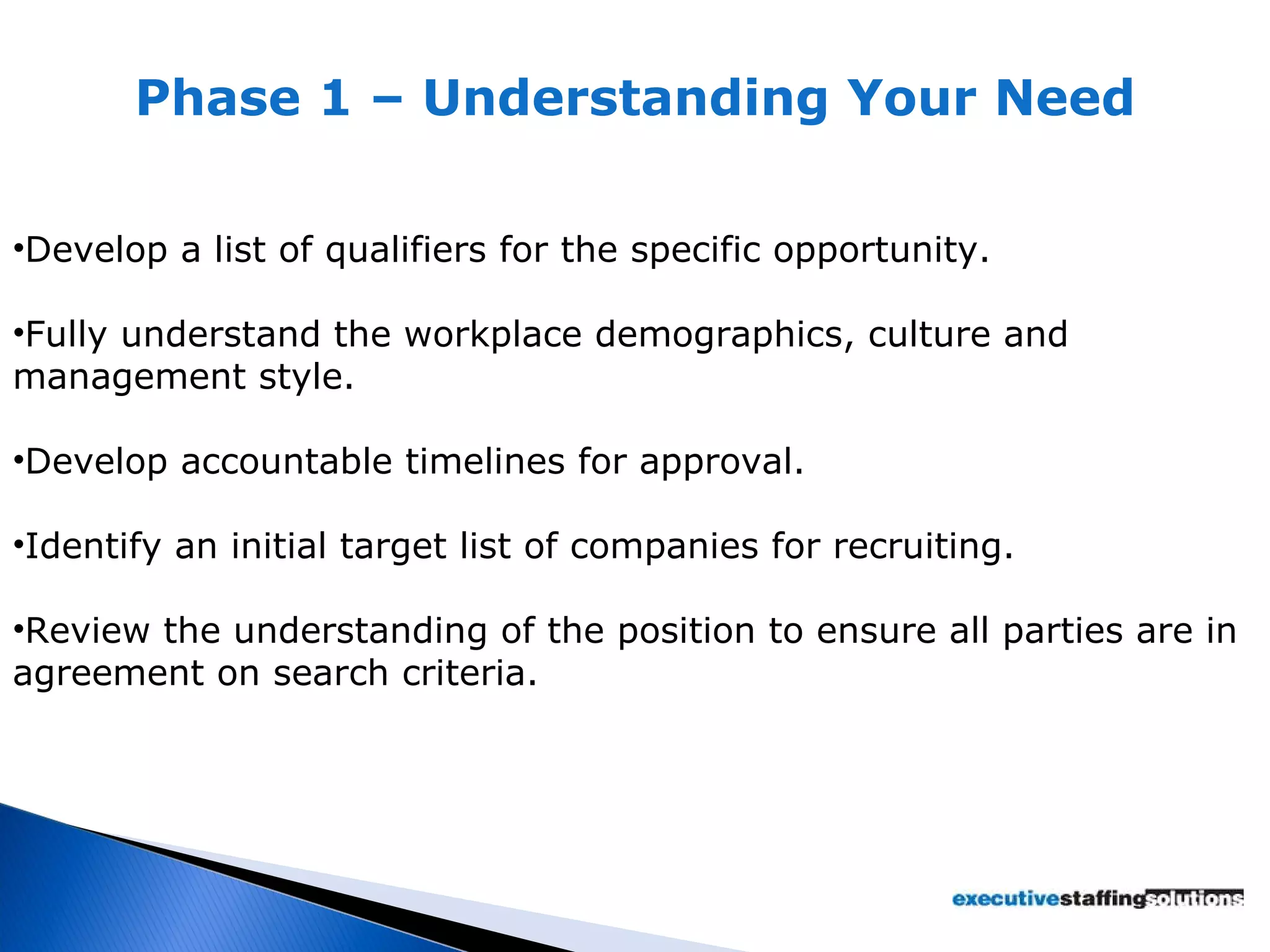 Phase 1 – Understanding Your Need Develop a list of qualifiers for the specific opportunity. Fully understand the workplace demographics, culture and management style. Develop accountable timelines for approval. Identify an initial target list of companies for recruiting. Review the understanding of the position to ensure all parties are in agreement on search criteria. 