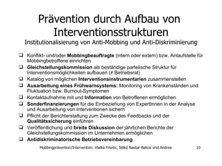 Prävention durch Aufbau von  Interventionsstrukturen Institutionalisierung von Anti-Mobbing und Anti-Diskriminierung Konflikt- und/oder  Mobbingbeauftragte  (intern oder extern) bzw. Anlaufstelle für Mobbingbetroffene einrichten  Gleichstellungskommission  als beständige parteiische Struktur für Interventionsmöglichkeiten aufbauen (≠ Betriebsrat)  Katalog von möglichen  Interventionsinstrumentarien  zusammenstellen Ausarbeitung eines Frühwarnsystems:  Monitoring von Krankenständen und Fluktuation bzw. Burnout-Symptomen Kontaktaufnahme mit und  Information  von Betroffenen ermöglichen Sonderfinanzierungen  für die Einbeziehung von ExpertInnen in der Analyse und Ausarbeitung von Interventionen sichern  Pflicht der Berichterstattung zum Zwecke des Feedbacks und der  Qualitätssicherung  einführen Veröffentlichung und  breite Diskussion  der jährlichen Berichte der Gleichstellungskommission im Unternehmen ermöglichen  Antidiskriminatorische Betriebsvereinbarung 