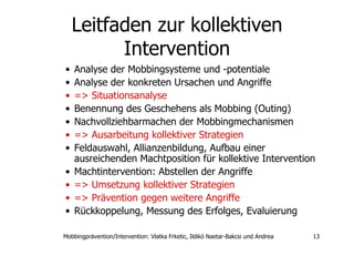 Leitfaden zur  kollektiven Intervention Analyse der Mobbingsysteme und -potentiale  Analyse der konkreten Ursachen und Angriffe => Situationsanalyse   Benennung des Geschehens als Mobbing (Outing)  Nachvollziehbarmachen der Mobbingmechanismen  => Ausarbeitung kollektiver Strategien  Feldauswahl, Allianzenbildung, Aufbau einer ausreichenden Machtposition für kollektive Intervention Machtintervention: Abstellen der Angriffe  => Umsetzung kollektiver Strategien  => Prävention gegen weitere Angriffe   Rückkoppelung, Messung des Erfolges, Evaluierung  