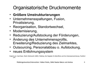 Organisatorische Druckmomente Größere Umstrukturierungen   Unternehmensspaltungen, Fusion, Privatisierung,  Reorganisation, Standortwechsel,  Modernisierung,  Reduzierung/Aufstockung der Förderungen,  Änderung des Unternehmensprofils, Erweiterung/Reduzierung des Zielmarktes,  Outsourcing, Personalabbau o. Aufstockung,  neues Entlohnungssystem ‏ Ergänzt von: Axel Esser, Martin Wolmerath (2005): Mobbing. Der Ratgeber für Betroffene und ihre Interessensvertretung. Frankfurt a.M.  