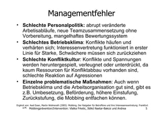 Managementfehler Schlechte Personalpolitik:  abrupt veränderte Arbetisabläufe, neue Teamzusammensetzung ohne Vorbereitung, mangelhaftes Bewertungssystem Schlechtes Betriebsklima : Konflikte häufen und verhärten sich; Interessenvertretung funktioniert in erster Linie für Starke, Schwächere müssen sich zurückziehen  Schlechte Konfliktkultur :  Konflikte und Spannungen werden heruntergespielt, verleugnet oder unterdrückt, da kaum Ressourcen für Konfliktabbau vorhanden sind,  schlechte Reaktion auf Agressionen  Einzelne problematische Maßnahmen : Auch wenn Betriebsklima und die Arbeitsorganisation gut sind, gibt es z.B. Umbesetzung, Beförderung, höhere Einstufung, Zurückstufung, die Mobbing entfachen können. Ergänzt von: Axel Esser, Martin Wolmerath (2005): Mobbing. Der Ratgeber für Betroffene und ihre Interessensvertretung. Frankfurt a.M.  