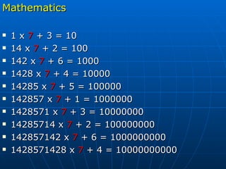 Mathematics 1 x  7  + 3 = 10 14 x  7  + 2 = 100 142 x  7  + 6 = 1000 1428 x  7  + 4 = 10000 14285 x  7  + 5 = 100000 142857 x  7  + 1 = 1000000 1428571 x  7  + 3 = 10000000 14285714 x  7  + 2 = 100000000 142857142 x  7  + 6 = 1000000000 1428571428 x  7  + 4 = 10000000000 