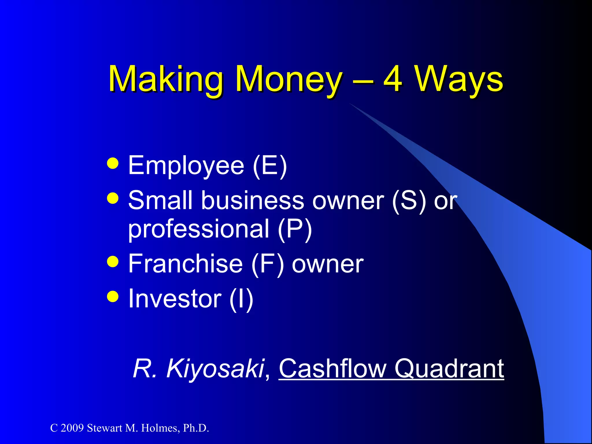 Making Money – 4 Ways Employee (E) Small business owner (S) or professional (P) Franchise (F) owner Investor (I) R. Kiyosaki ,  Cashflow Quadrant 