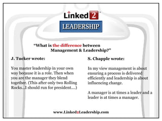 www.Linked 2 Leadership.com “ What is  the difference  between  Management & Leadership?” J. Tucker wrote:   You master leadership in your own way because it is a role. Then when you are the manager they blend together. (This after only two Rolling Rocks...I should run for president....) S. Chapple wrote:   In my view management is about ensuring a process is delivered efficiently and leadership is about influencing change.  A manager is at times a leader and a leader is at times a manager. 