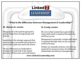 www.Linked 2 Leadership.com “ What is the difference between Management & Leadership?” M. Alston Jr. wrote:   Management is the tactical approach to getting things done through people and systems.  Leadership is the strategic approach that works to align your people and systems to achieve their goals now and in the future.  The key differences are leadership is strategic and must look at the impact decisions will have now and in the future.  D. Crotty wrote:   My view is that Leadership is generally an innate skill which is imparted through who and how you are. Management is generally a taught skill which is imparted through what you are and what needs to be done.  Neither are mutually exclusive, but both are required for success in terms of enablement (leadership) and delivery (management).  
