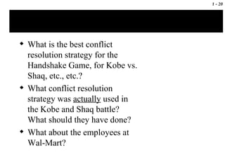 What is the best conflict resolution strategy for the Handshake Game, for Kobe vs. Shaq, etc., etc.? What conflict resolution strategy was  actually  used in the Kobe and Shaq battle? What should they have done? What about the employees at Wal-Mart? 