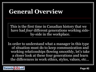 General Overview <ul><li>This is the first time in Canadian history that we have had  four  different generations working ...